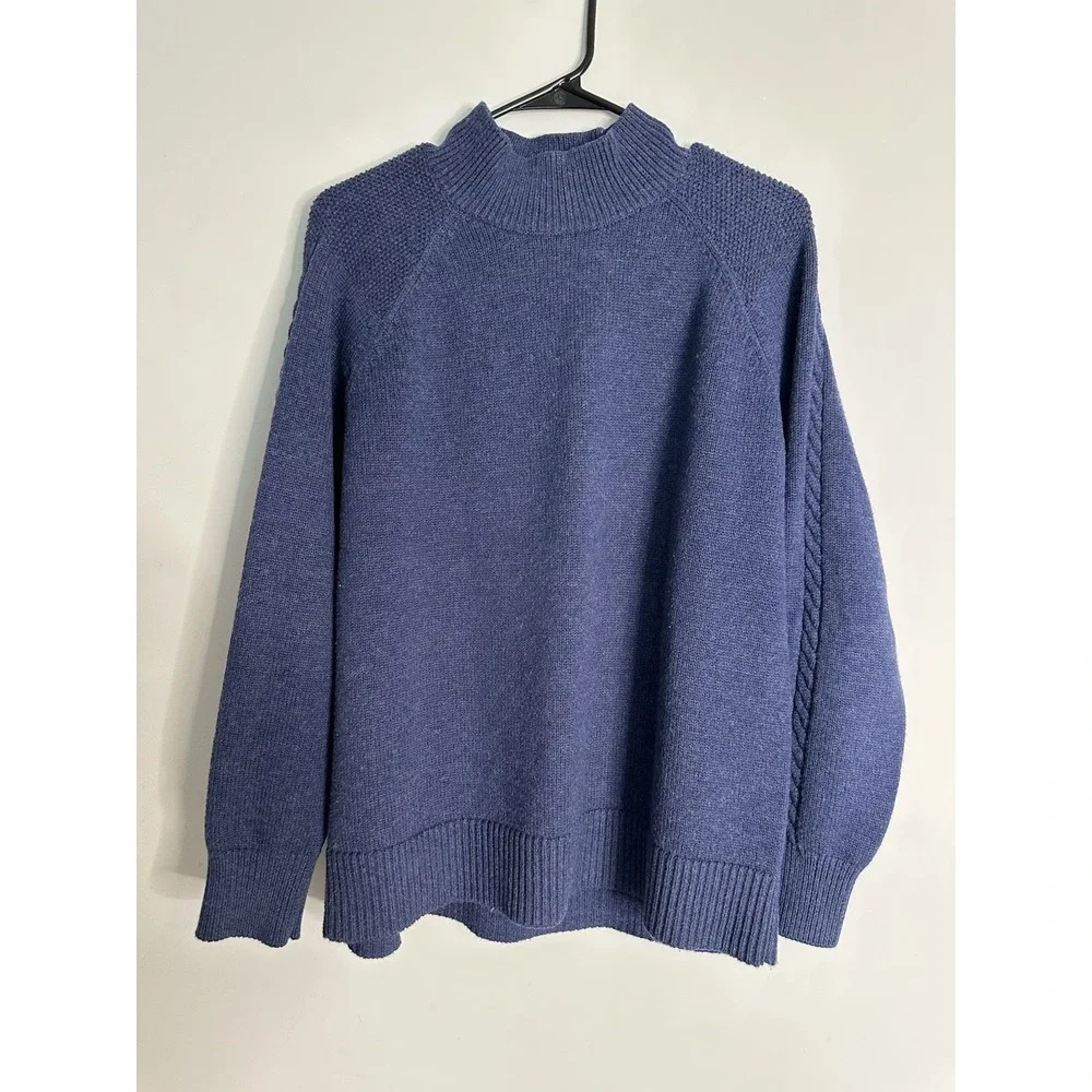 Orvis Mens Blue Mock Neck Sweater Wool Cotton Blend Pullover Large